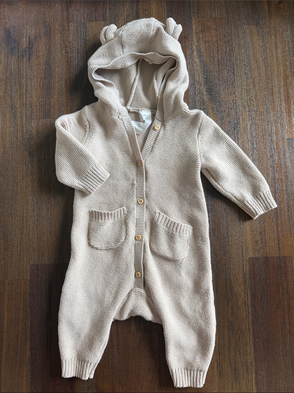 H&M NB Beige Knit Hooded Baby One-Piece with Ears